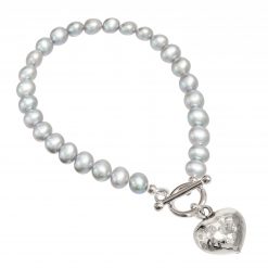 grey pearl bracelet with beaten silver heart