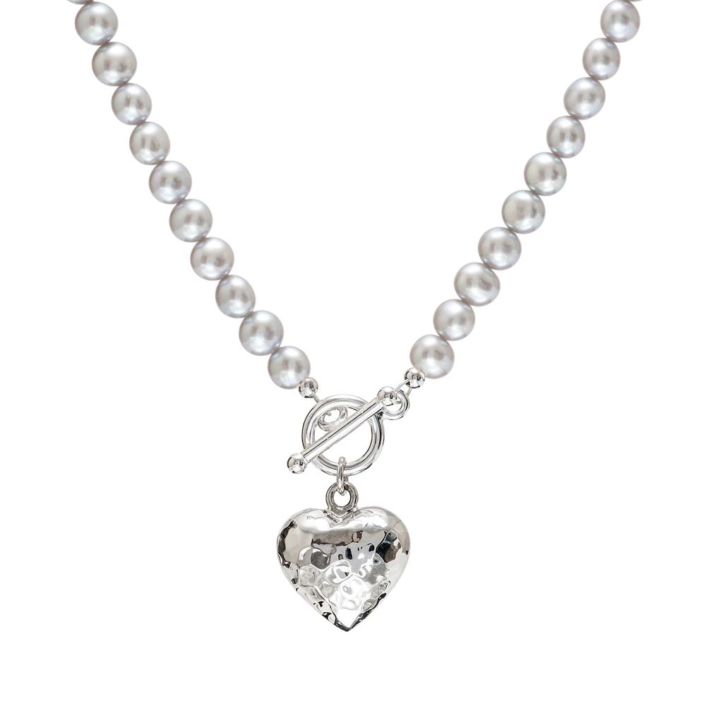 grey pearl necklace with silver heart