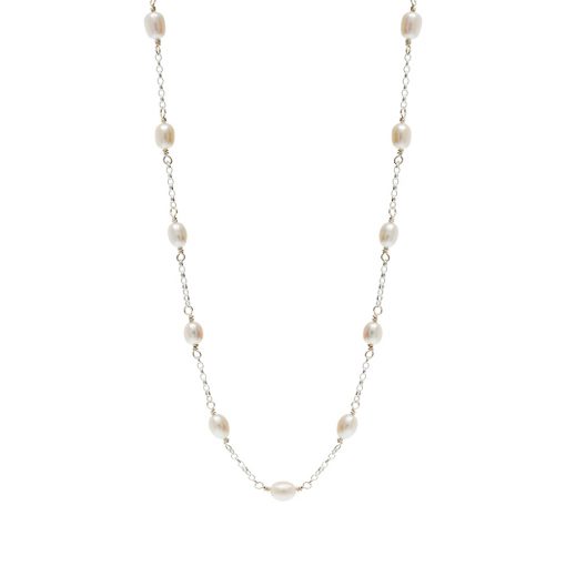 silver chain necklace linking freshwater pearls